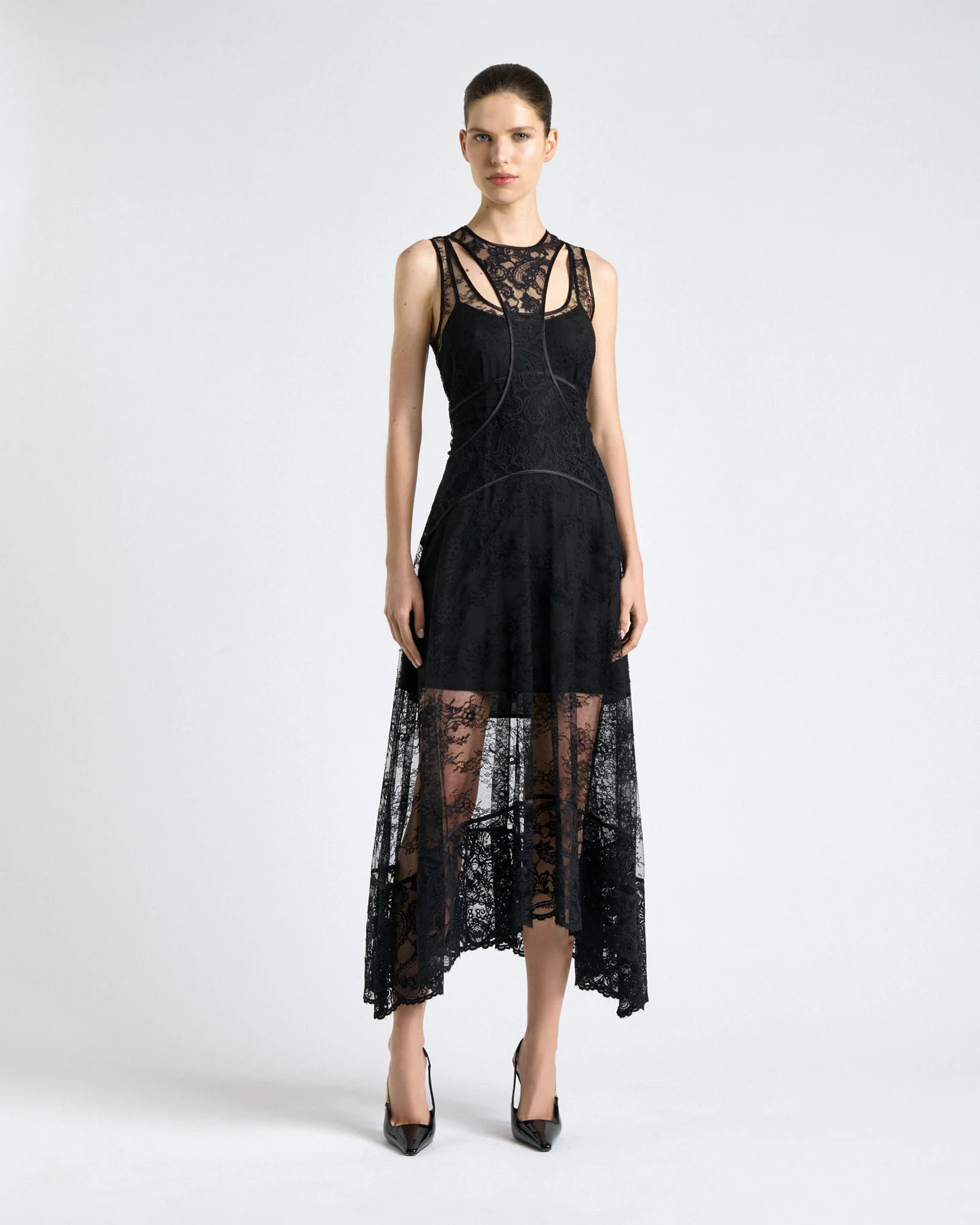 Black Paisley Lace Layered Midi Dress