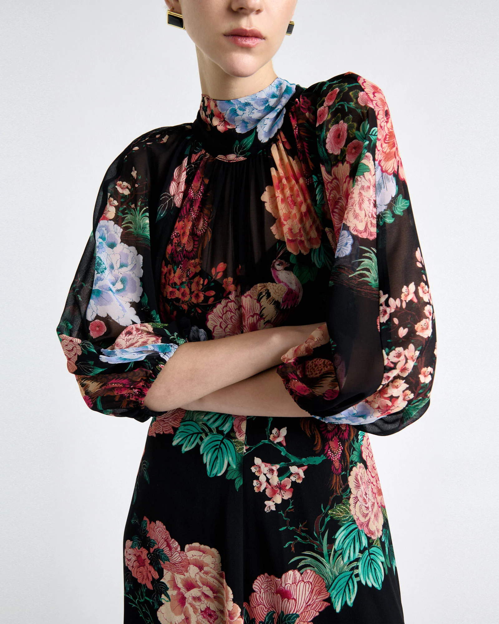 Black Peacock Garden Georgette Tie Neck Midi Dress - Image 3