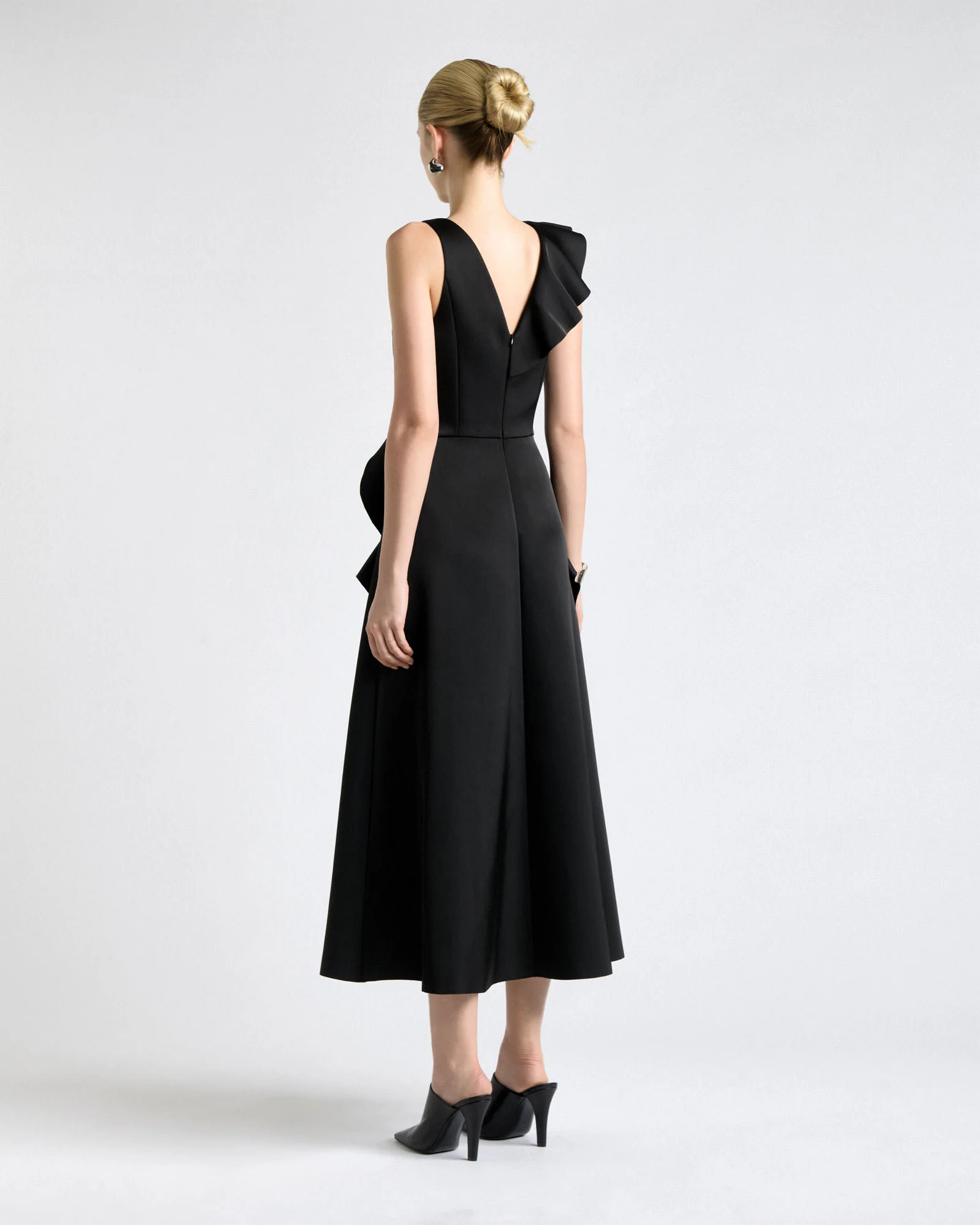 Bonded Satin Waterfall Ruffle Midi Dress - Image 4