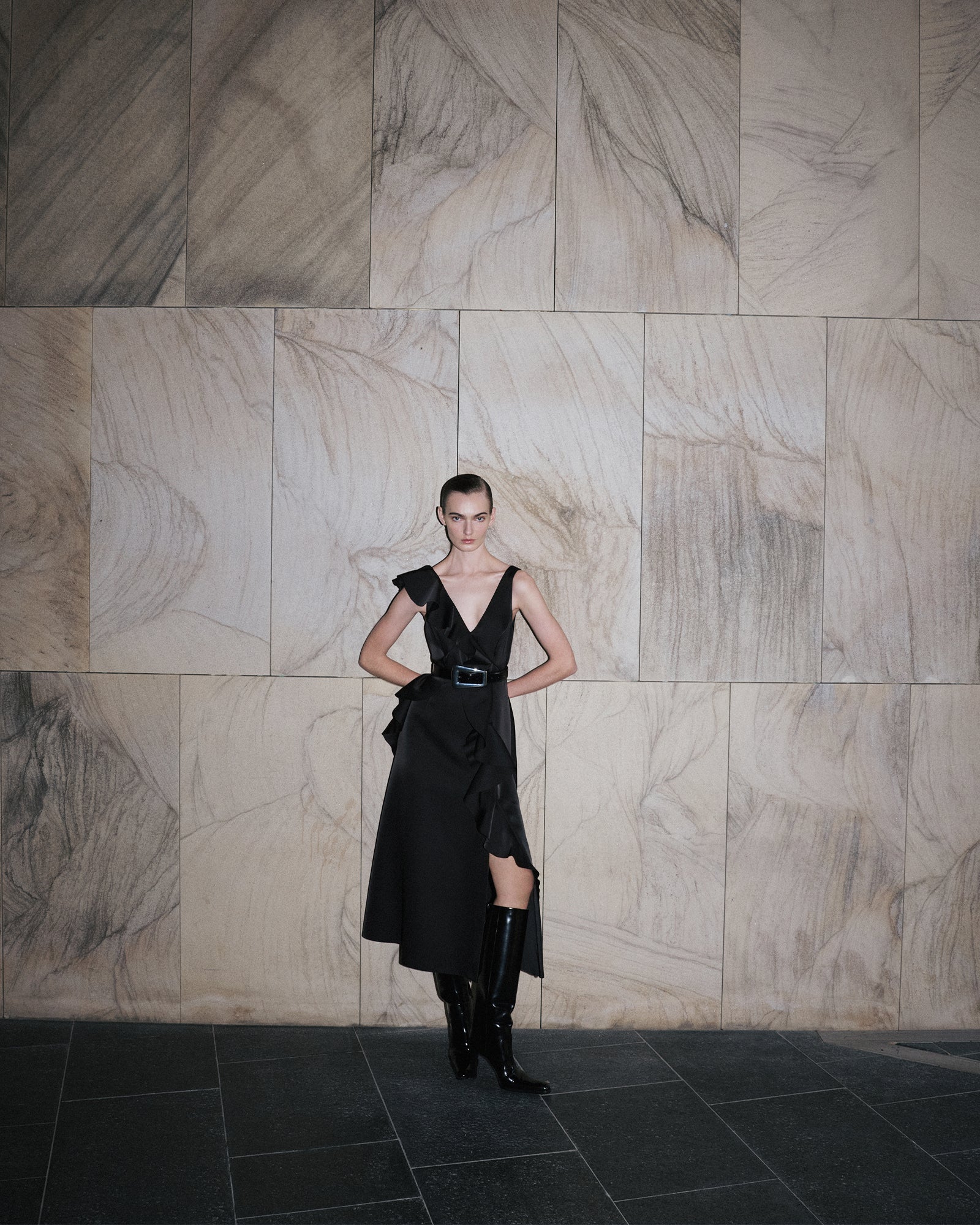 Bonded Satin Waterfall Ruffle Midi Dress - Image 5