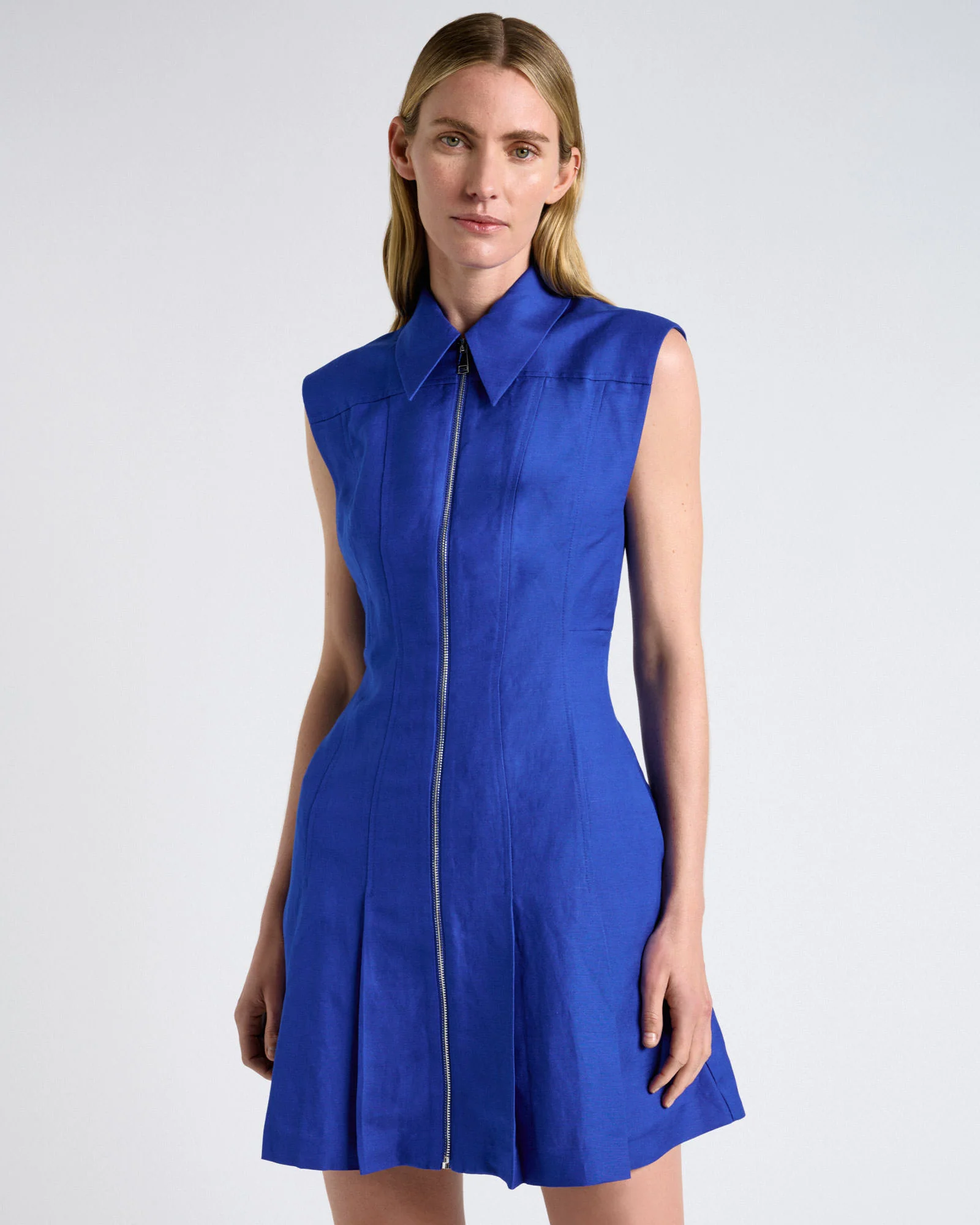 Cobalt Linen Blend Zip Pleated Mini Dress - Image 2