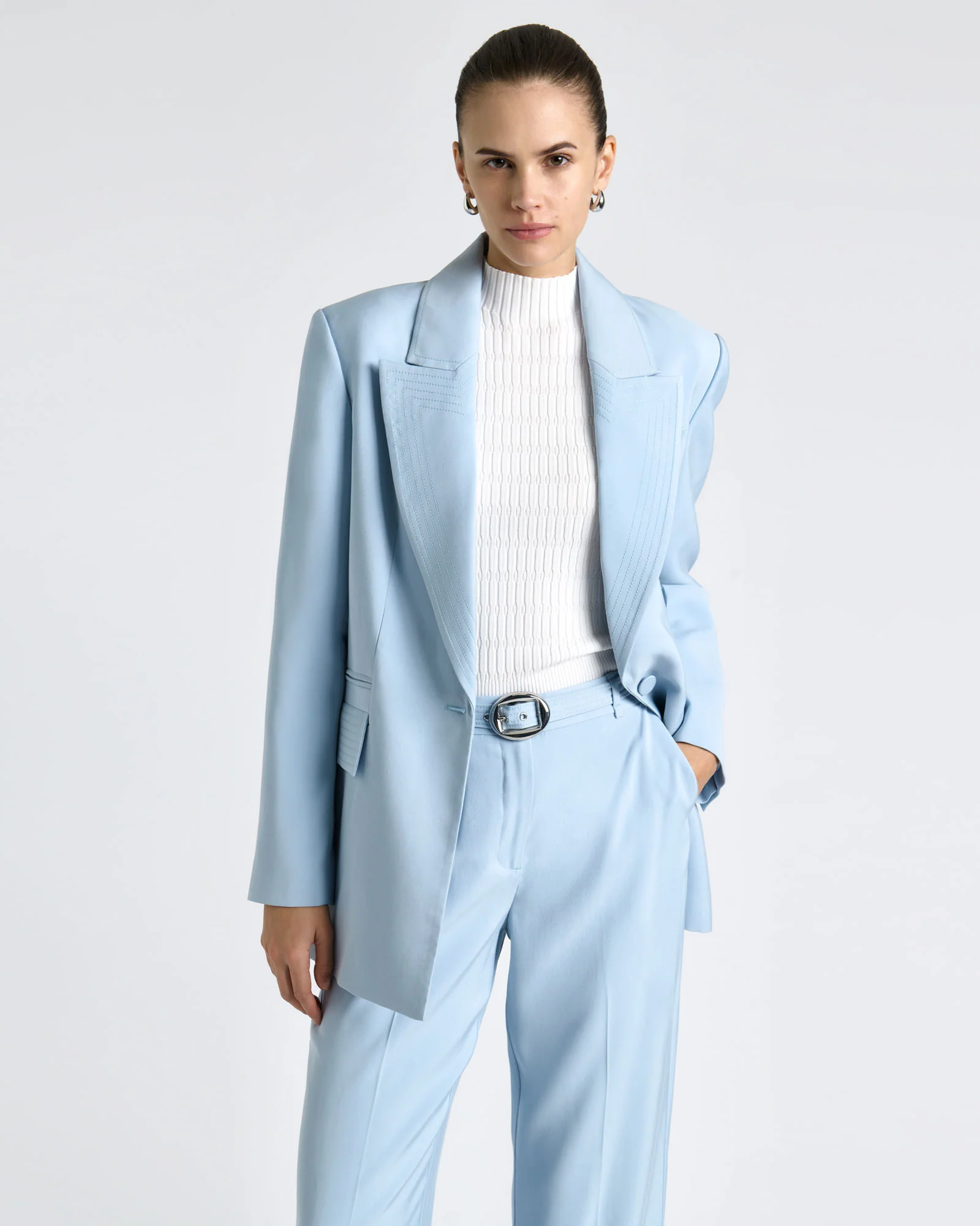 Pale Blue Viscose Twill Topstitched Blazer - Image 2