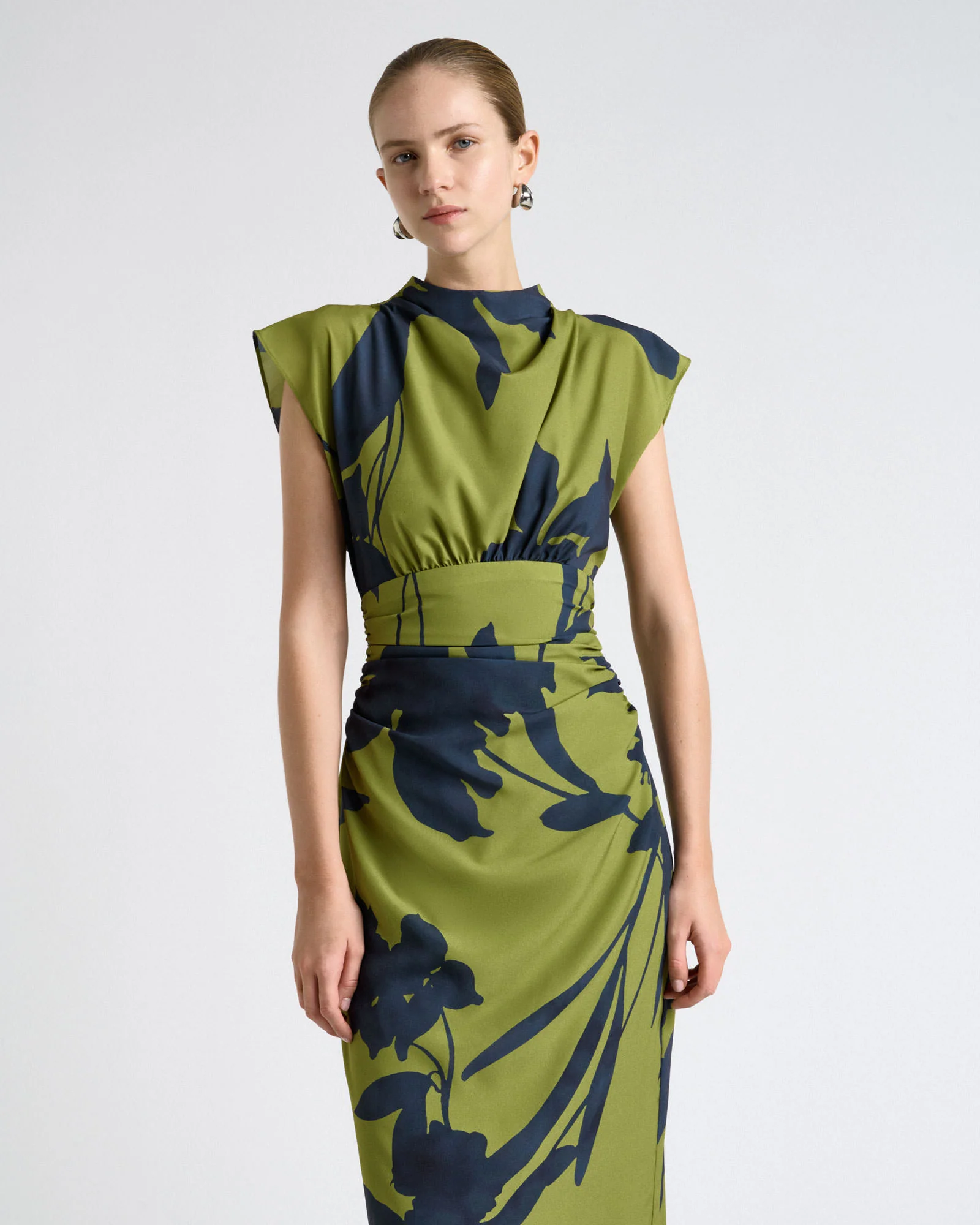 Green Shadow Floral Satin Ruched Waist Midi Dress - Image 2