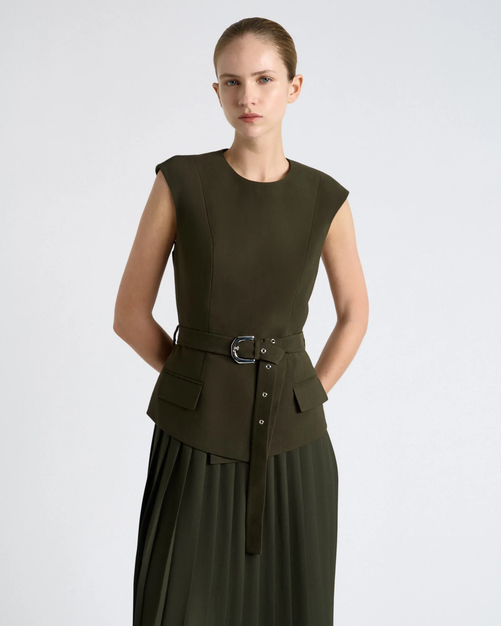 Olivine Viscose Twill Pleated Midi Dress - Image 2