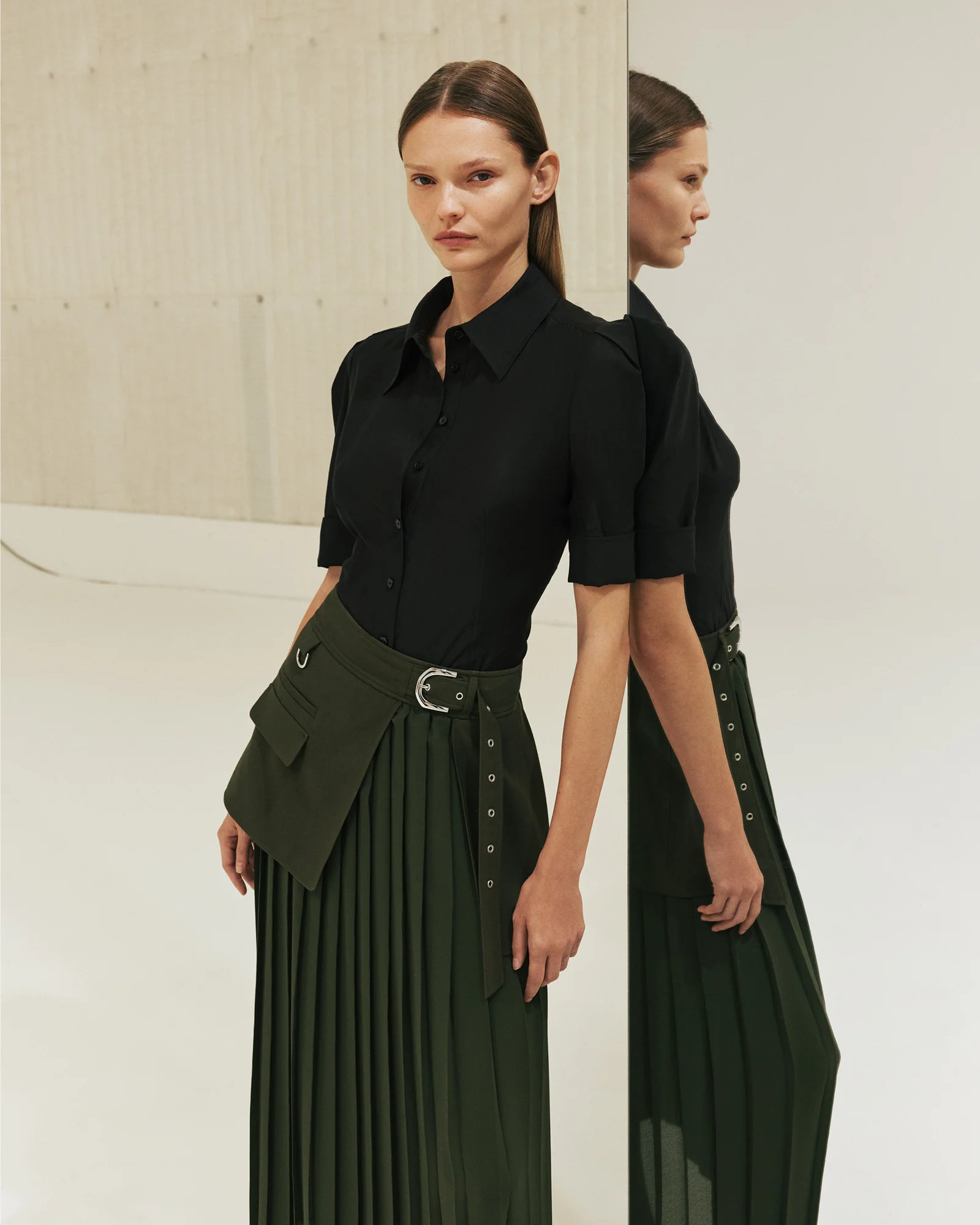 Olivine Viscose Twill Pleated Midi Skirt - Image 7