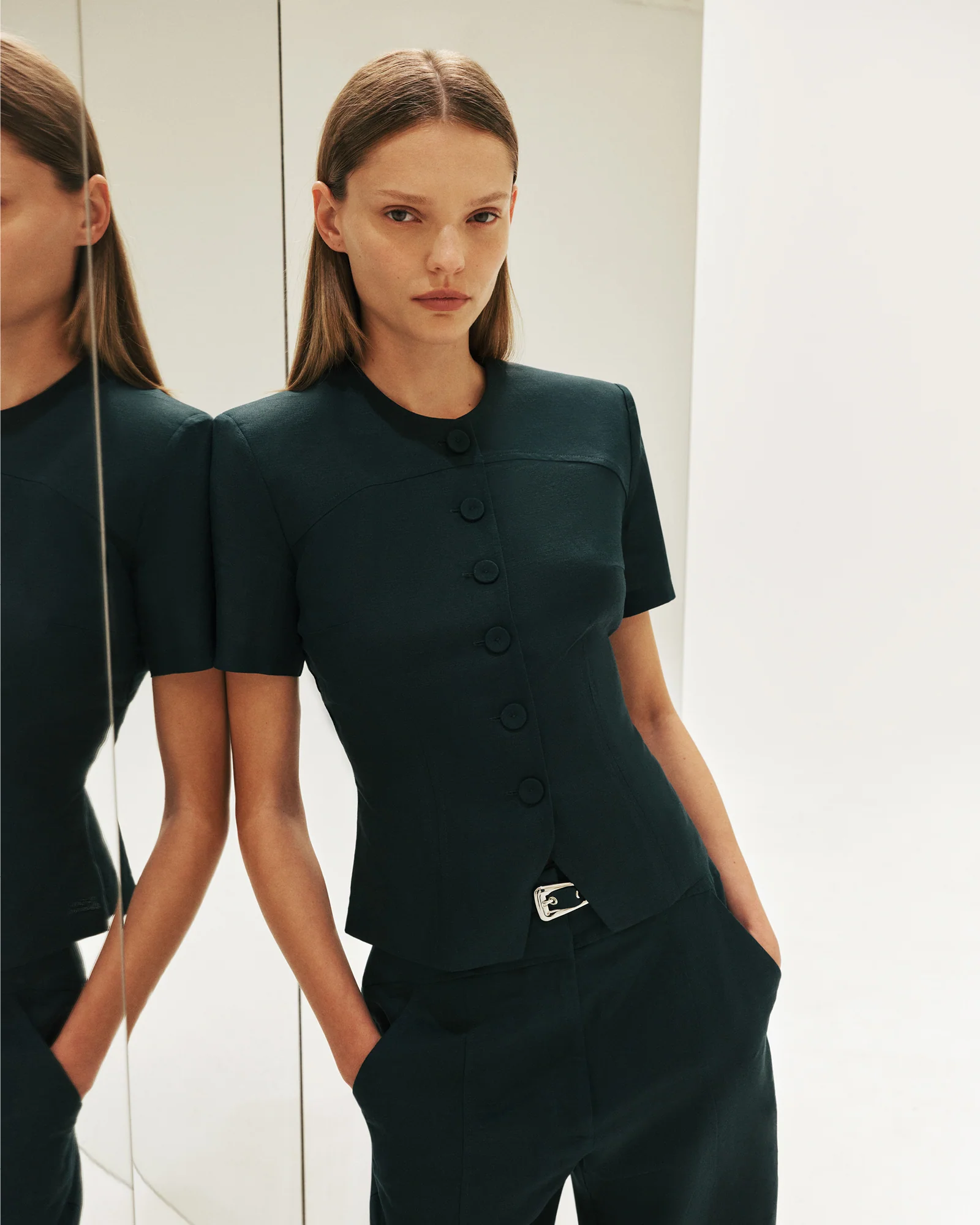 Pine Linen Blend Button Top - Image 5