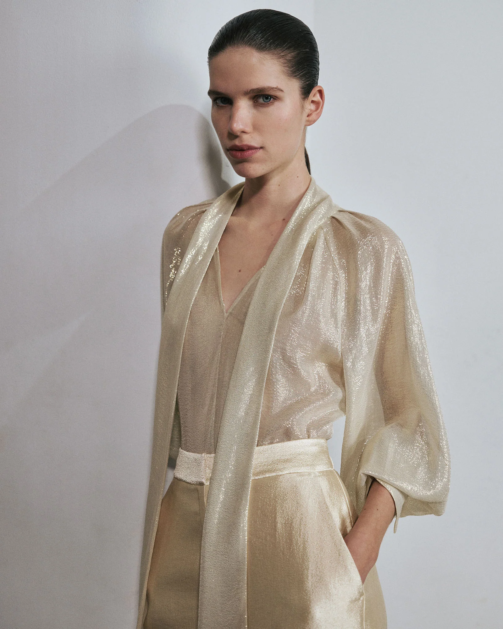 Silk Lurex Tie Neck Shirt - Image 6