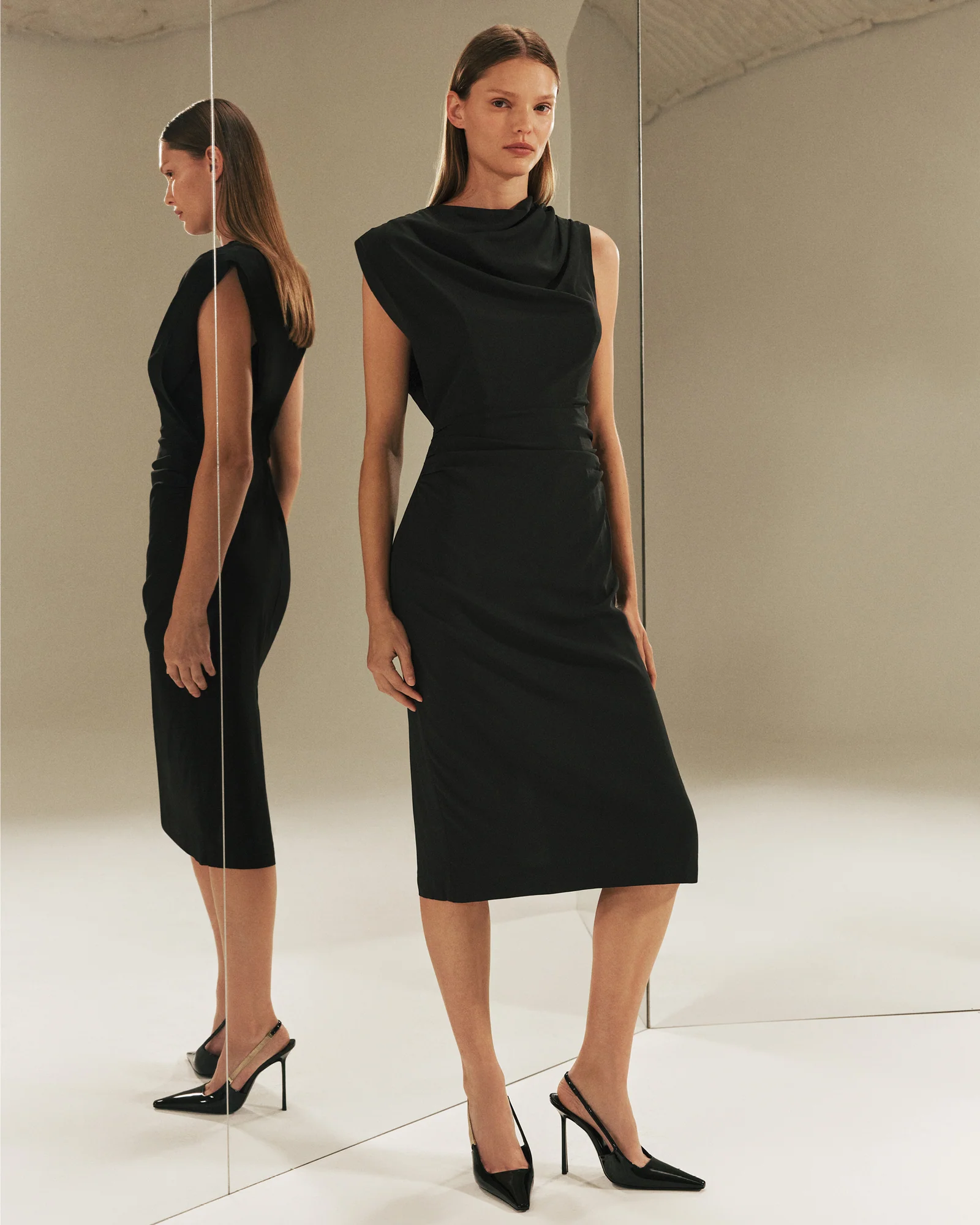 Stretch Viscose Drape Neck Pencil Dress - Image 6