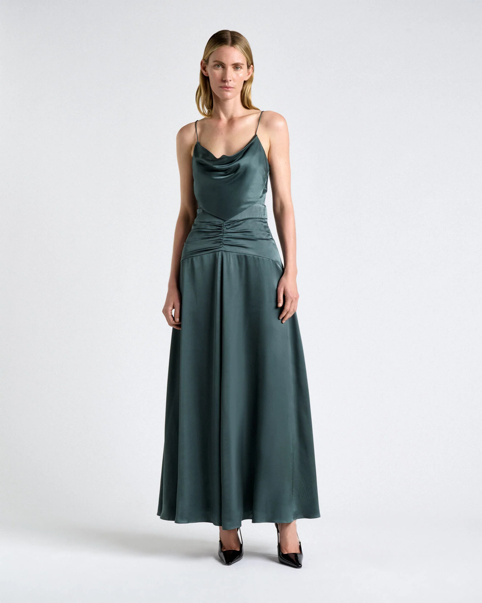 Viscose Satin Cowl Neck Midi Dress