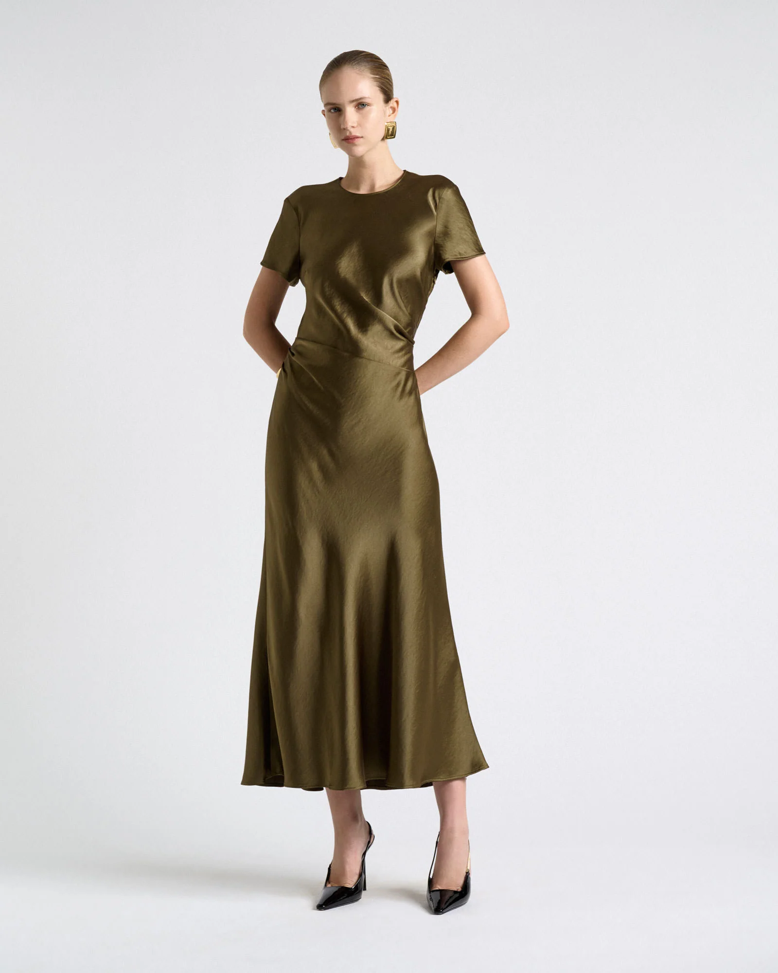 Viscose Satin Draped Waist Midi Dress - Image 6