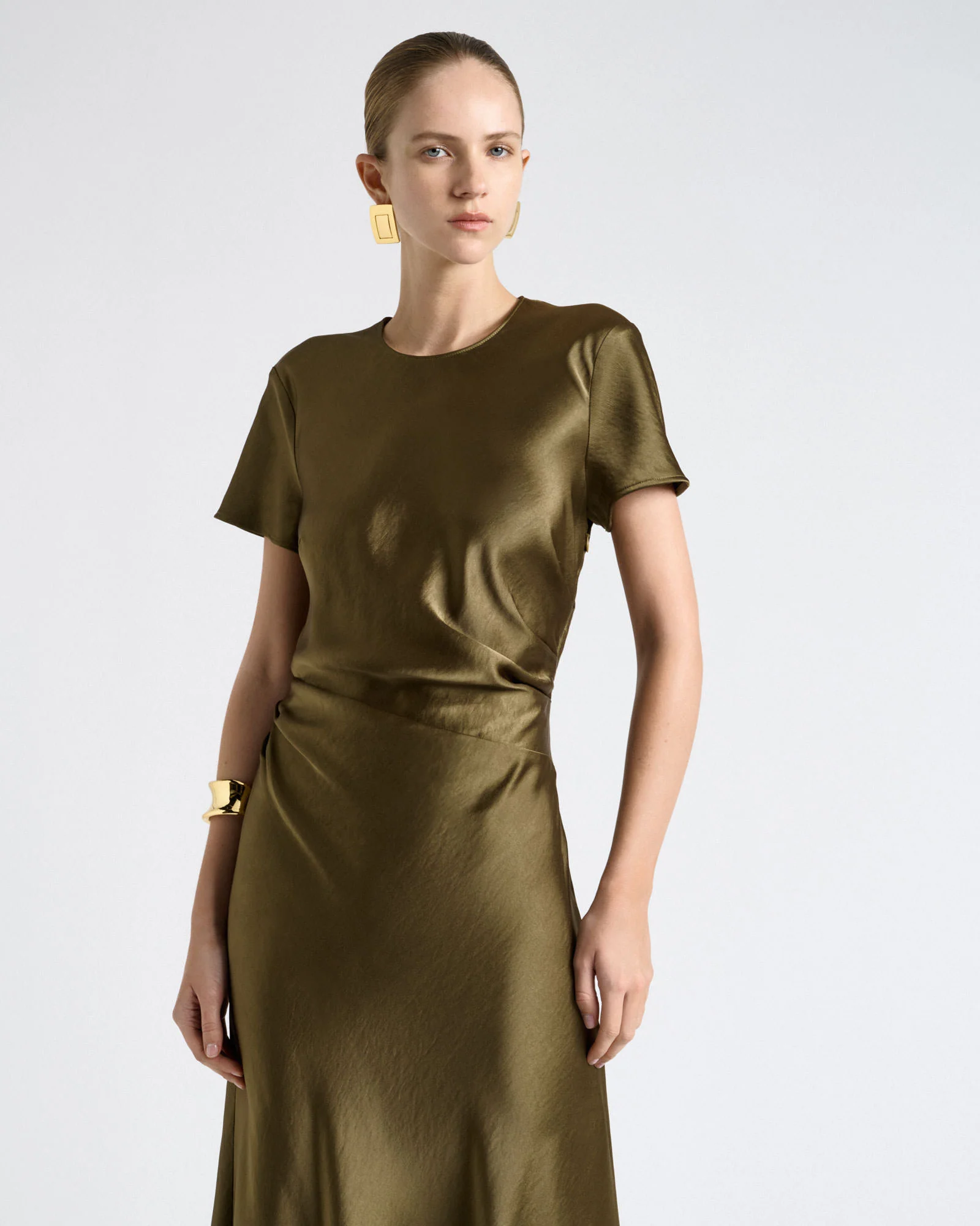 Viscose Satin Draped Waist Midi Dress - Image 7